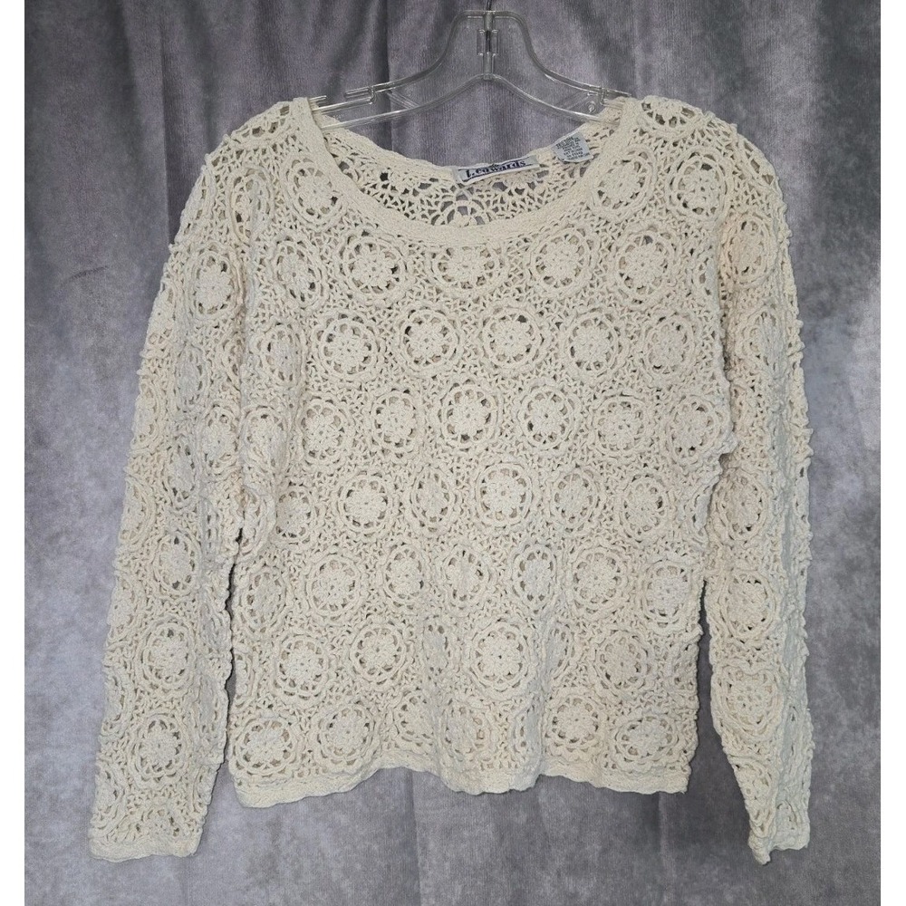 Vtg T Edwards Crochet Knit Sweater Womens S/M Cream Ivory Boho Medallion